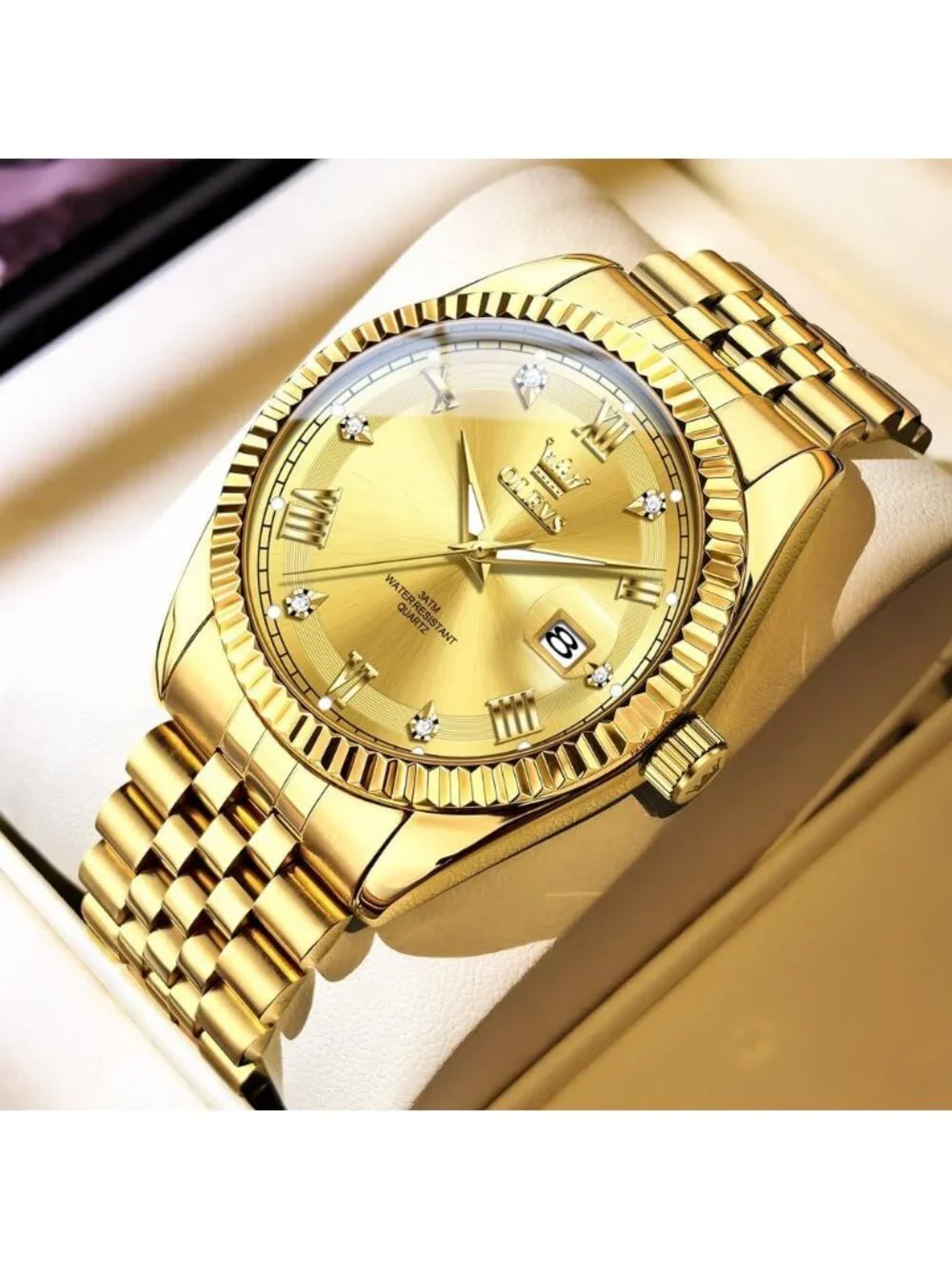 Men's Gold Two Tone Diamond Classic Analog Stainless Steel Waterproof Watch